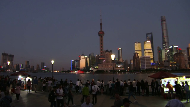 人们走在外滩和背后的浦东天际线，中国上海视频素材