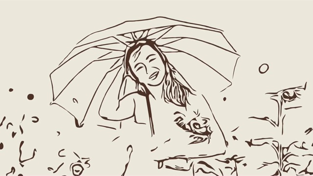 动画卡通小品，女人的面部表情放松在野外，拿着雨伞视频下载