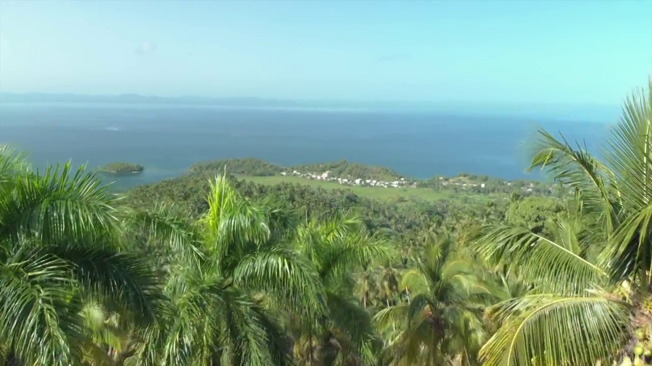 空中向前快速上升:女人走出阳台与Cocuyo岛的景色视频下载