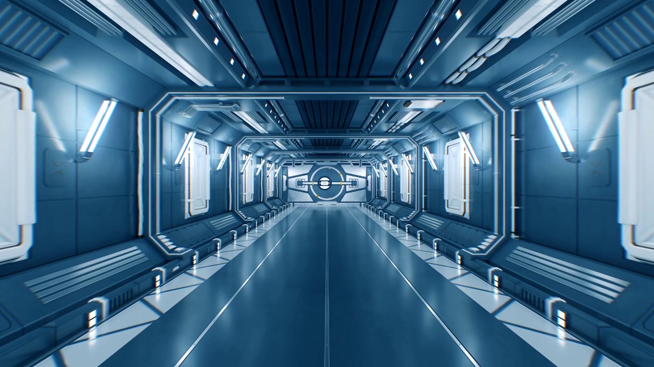 美麗的飛行從抽象的未來主義宇宙飛船隧道通過打開金屬門到白光與阿爾法啞光。3d動畫。視頻素材