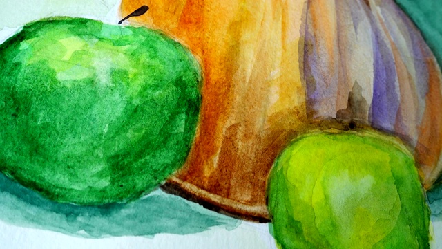 南瓜、苹果和梨的静物画。视频下载