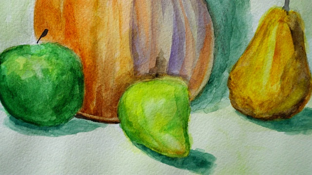 南瓜、苹果和梨的静物画。拍摄图纸。视频下载