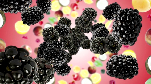 坠落的黑莓和水果圈动画，背景，渲染，循环视频素材