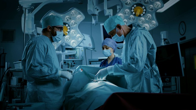 在醫院的手術室里，專業的外科醫生和護士組成了多樣化的團隊，縫合傷口后手術成功。專業人士拯救生命視頻素材