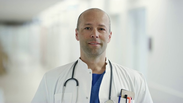 自信成熟的男医生站在医院里视频素材