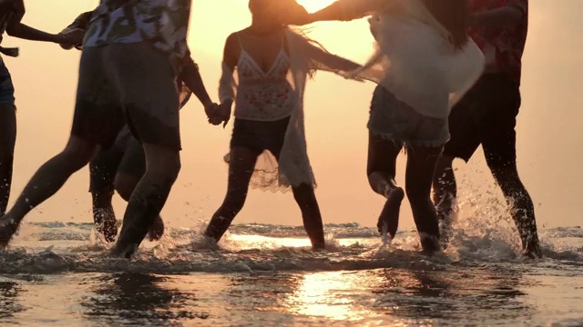 一群朋友在海滩上玩耍的剪影。缓慢的运动。假期视频素材