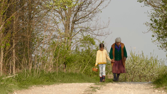 老年妇女和儿童在路上行走。手牵手。视频素材