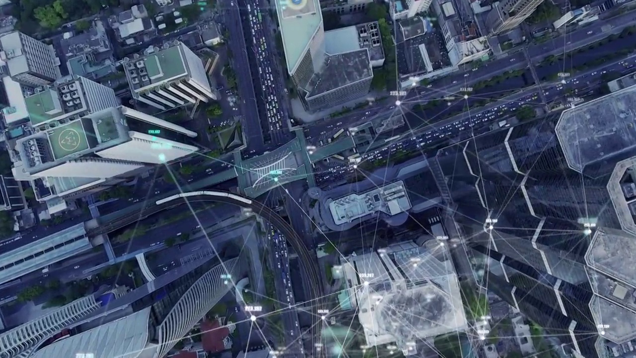 4k分辨率城市鸟瞰图和数据网络技术，未来计算机数字视频下载