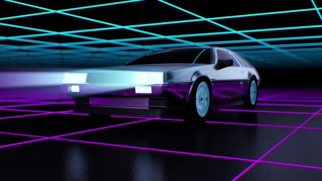 80年代风格复古未来主义背景与移动汽车3d动画。视频素材