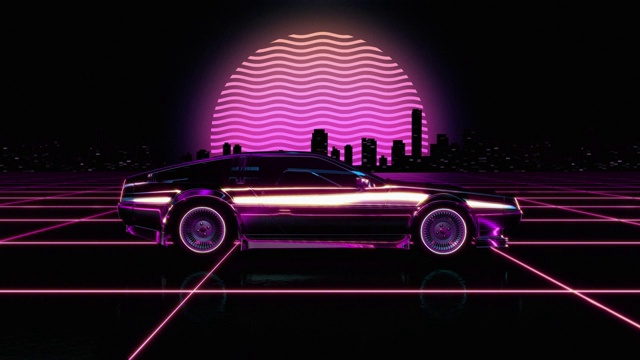 复古未来80年代风格的科幻汽车背景。无缝循环3D视频动画视频素材