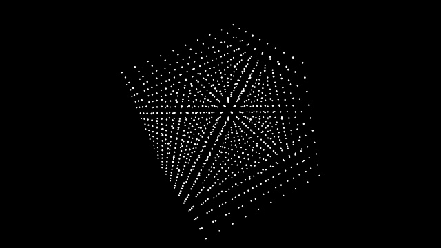 白色粒子在黑色背景的对角线上旋转的三维立方体视频素材