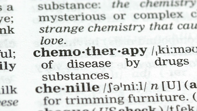 化学疗法，英文字典中的单词，癌症治疗，医疗保健视频素材