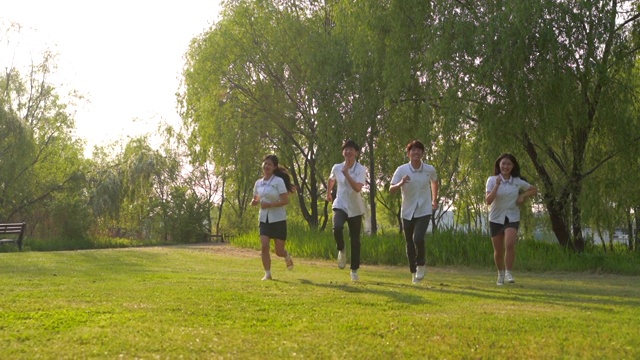在公园草地上跑步的青少年视频素材