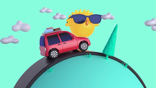 红色汽车旅行/驾驶交通自然景观卡通风格3d渲染运动度假夏季概念视频购买