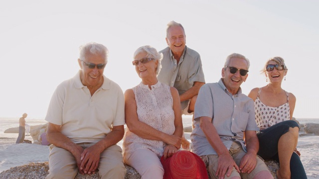在夏季团体度假时，老年朋友们坐在海边的岩石上的肖像视频素材