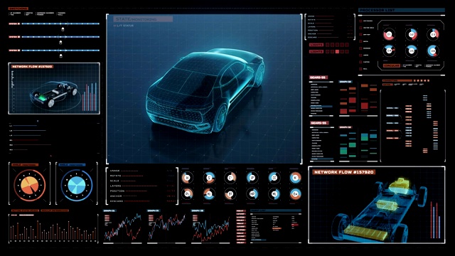 旋转电子，混合动力，电池汽车。未来显示界面的透明视图。4 k movie.1。视频素材