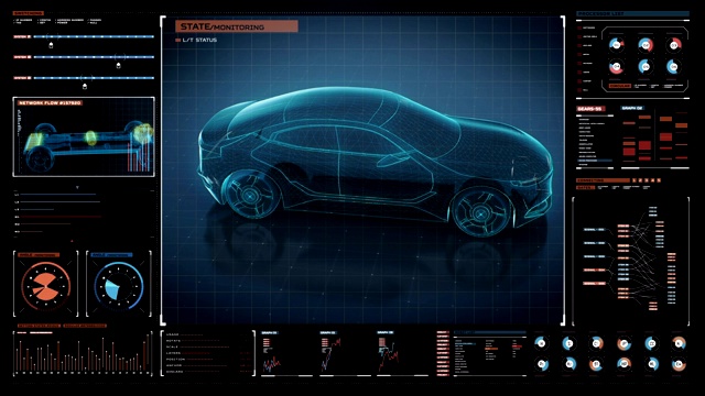 旋转电子，混合动力，电池汽车。未来显示界面的透明视图。4 k movie.2。视频素材