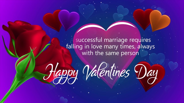 浪漫快乐的情人节问候动画与玫瑰和心在空中视频下载