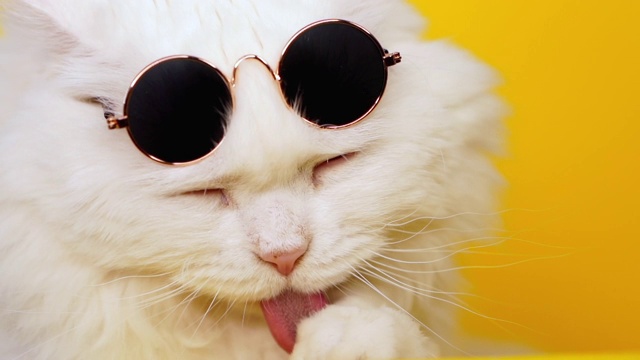 近距离拍摄的白色毛茸茸的猫在时尚太阳镜是舔黄色的背景。豪华的国内基蒂。视频下载