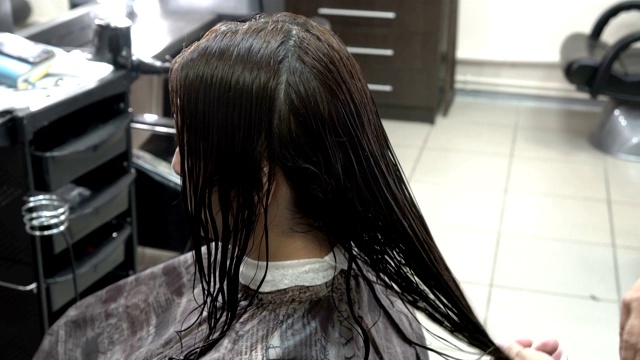 美容院的发型师梳理湿发的模特，为他们理发做准备。肖像,4 k。视频下载
