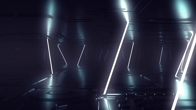 未來科幻黑暗空房間與白色霓虹燈發光線管在垃圾混凝土地板與反射3D渲染動畫視頻素材