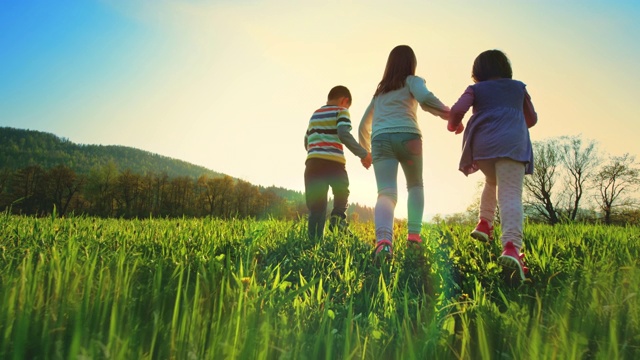 三個孩子手牽著手在陽光明媚的草地上奔跑視頻素材