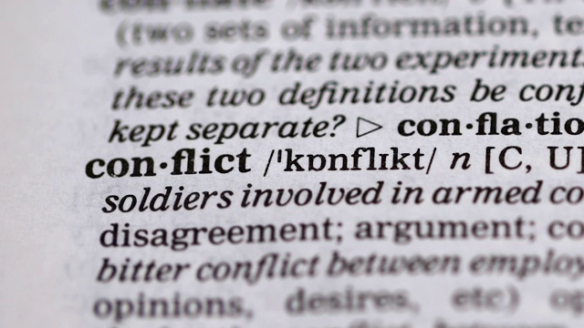英语词典中的冲突词，谈判和利益上的分歧视频素材