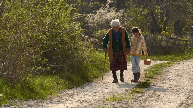 老年妇女和儿童在路上行走。手牵手。视频下载