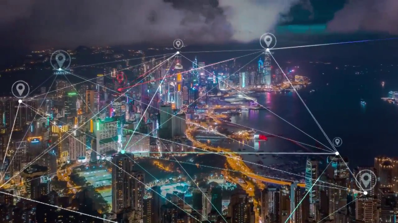 4k分辨率香港鳥瞰圖，數據網絡連接技術概念。智慧城市概念、通信網絡、物聯網概念視頻素材