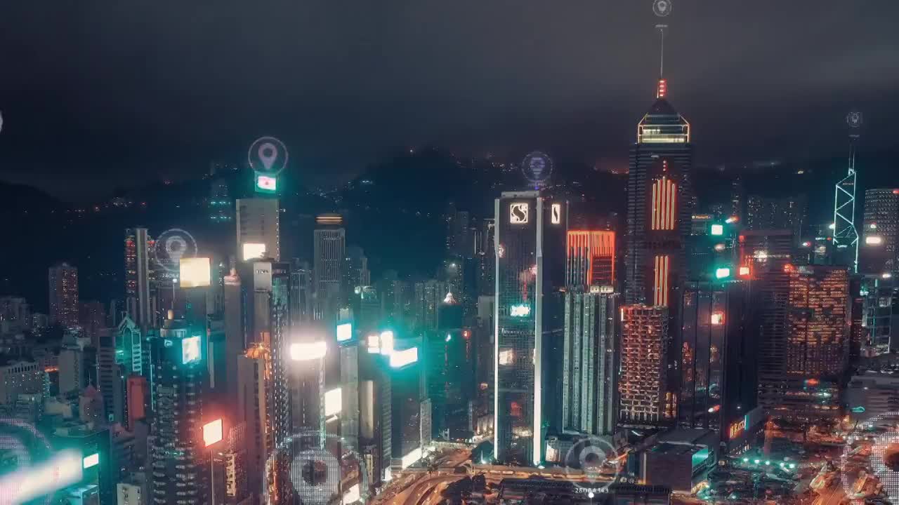 4k分辨率香港鸟瞰图，数据网络连接技术概念。智慧城市概念、通信网络、物联网概念视频下载