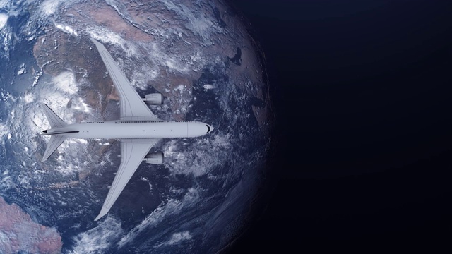 飞机绕地球飞行的旅行概念。视图从太空视频素材
