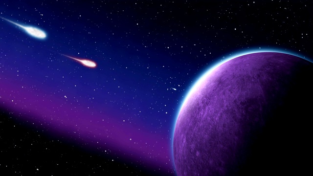 小行星陨石撞击太空，紫色行星动画视频下载
