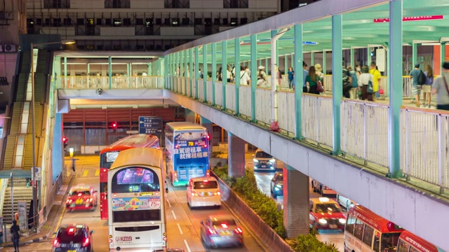 时间流逝交通运输巴士与行人拥挤的人行走在香港天际线中国-东亚视频素材