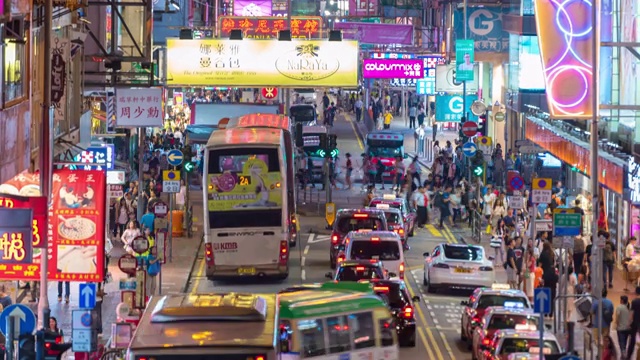 时光流逝交通运输巴士与行人拥挤的人过马路斑马线在香港天际线与背景购物区孟角视频素材