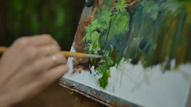 小女孩的手在森林里的风景画上画了几笔视频素材