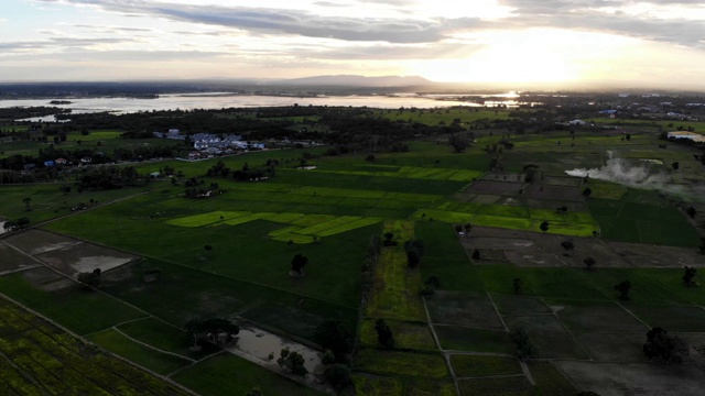 在夕阳的映衬下，绿油油的稻田呈格子状。视频下载