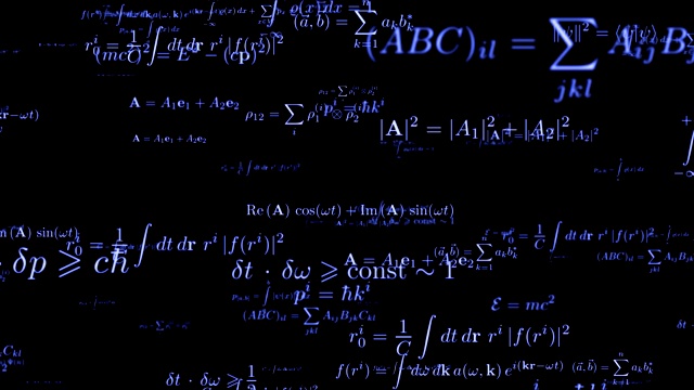 数学氖公式无缝镜头。黑板上的代数计算。物理学和几何学的蓝色光闪亮的理论运动。数学发光方程浮动循环动画视频下载
