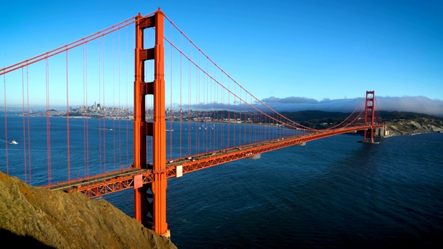 慢镜头:金门大桥日落横跨海湾地区的加州旧金山视频素材