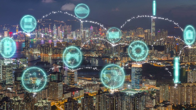 4k分辨率智慧城市和数据连接，物联网图标超过现代香港城市和通信网络，信息通信网络视频素材
