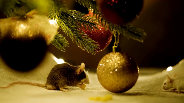 一个灰色的老鼠吃奶酪坐在圣诞树下的特写。视频素材