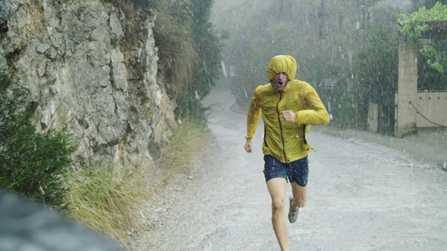 运动员在极端天气条件下慢跑。冰雹和雨视频下载