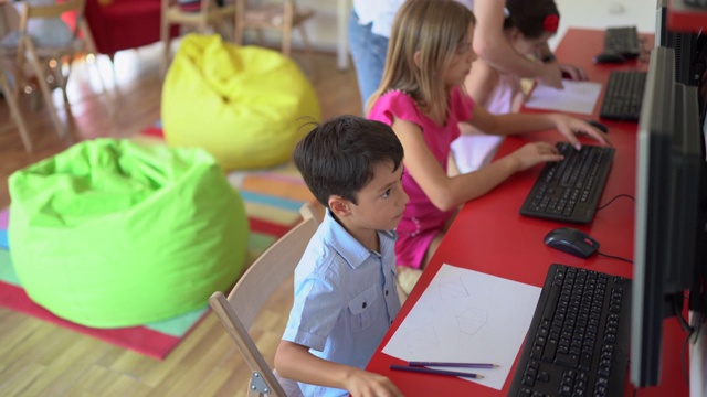 一群孩子在学校用电脑工作视频素材