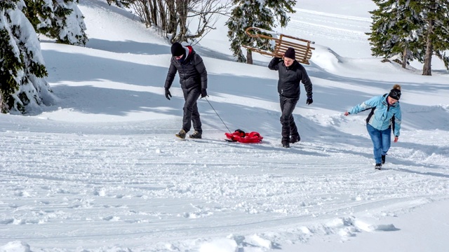 三个人正拉着雪橇上山视频下载