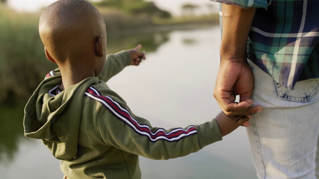 小男孩指着湖牵着爸爸的手视频下载