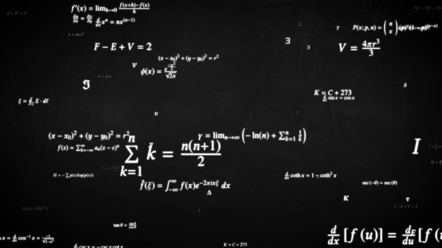 飞过数学公式方程式科学符号在黑板上- 4K无缝循环运动背景动画视频下载