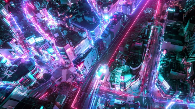 4K分辨率东京城市鸟瞰图与网络连接线的时间间隔。物联网和智慧城市概念，技术未来概念视频购买