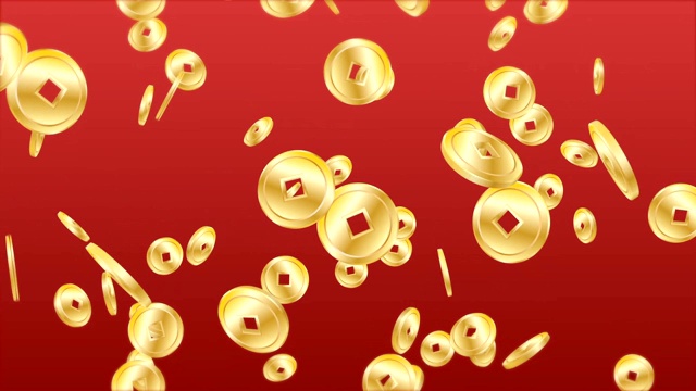 中国金币从天而降的红色背景无缝循环动画新年主题视频素材