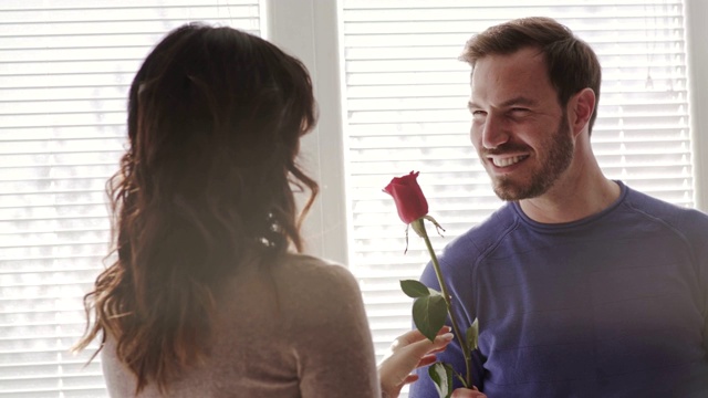 丈夫送一枝红玫瑰给爱妻，共同分享爱的时刻视频素材