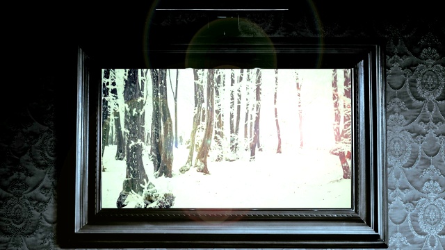 复古内墙上挂着冬日森林里的画视频下载