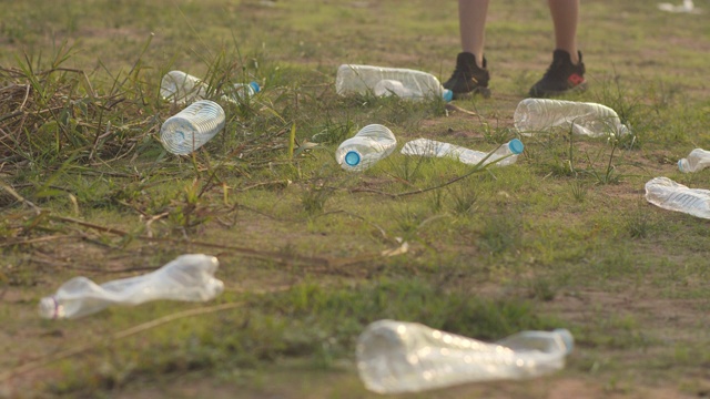 一群年轻的多民族活动人士在海滩上收集塑料垃圾。视频素材